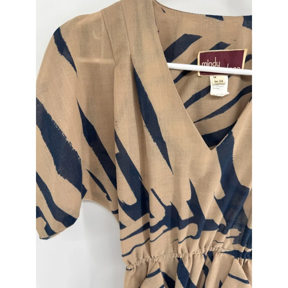 Vintage Mindy Malone Dress Tan Navy Abstract Print V-Neck ILGWU Made in USA 3-4 - Picture 2 of 11